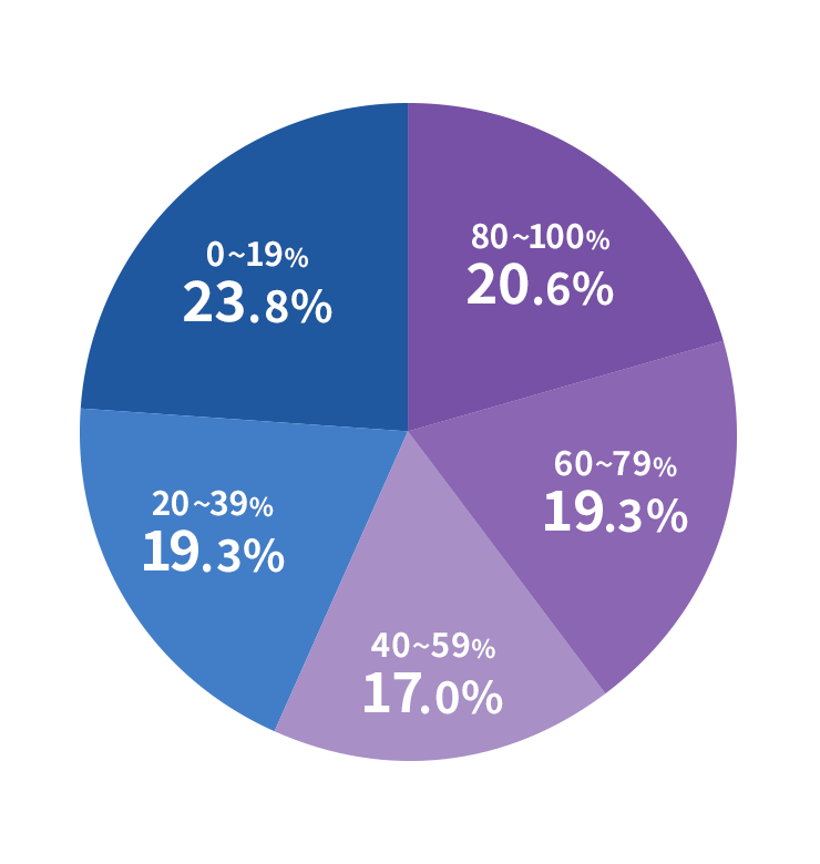 80~100%20.6%・60～79％19.3％・40～59％17.0％・20～39％19.3％・0～19％23.8％